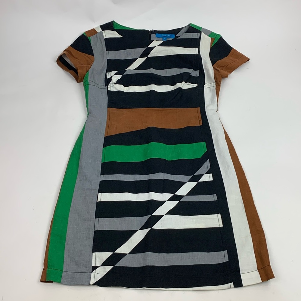 Derek Lam Linen Dress Size 4 Short Cap sleeve Zip up Geometric Multicolor Earthy - Picture 1 of 15